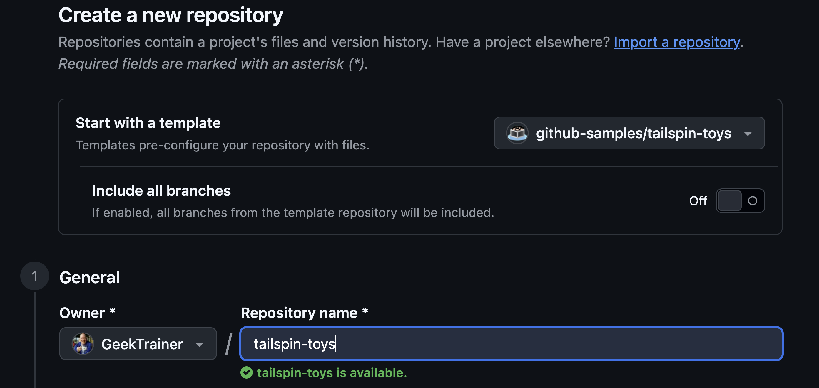 The Create a new repository form with github-samples/tailspin-toys set as the template and the repository name filled in