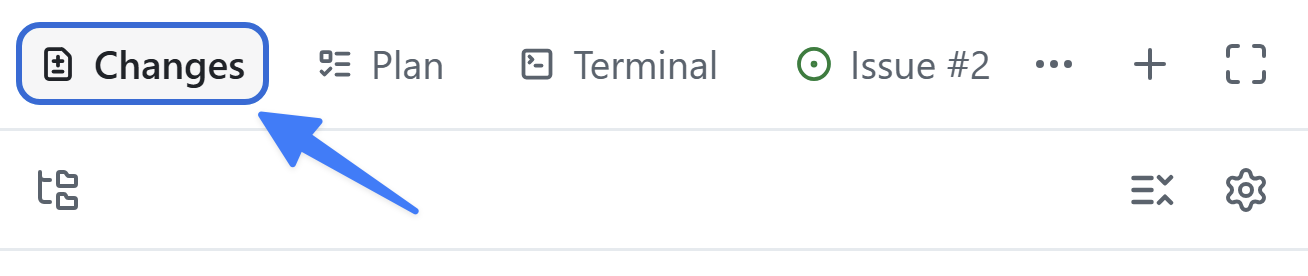 The session panel tabs in the GitHub Copilot app with an arrow pointing to the Changes tab