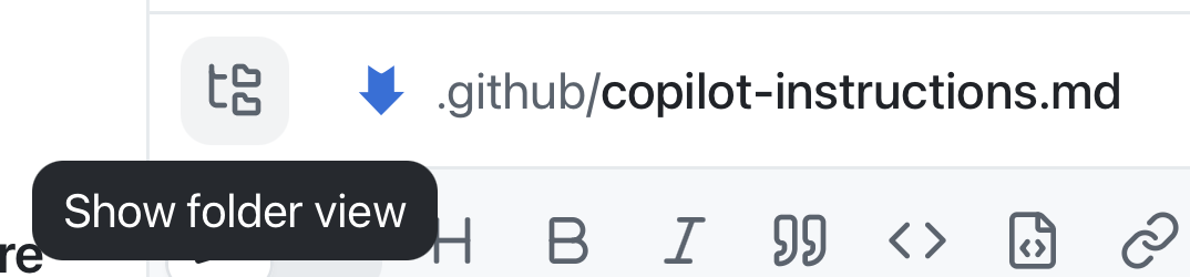 The Show folder view button in the review panel with a file open in the GitHub Copilot app